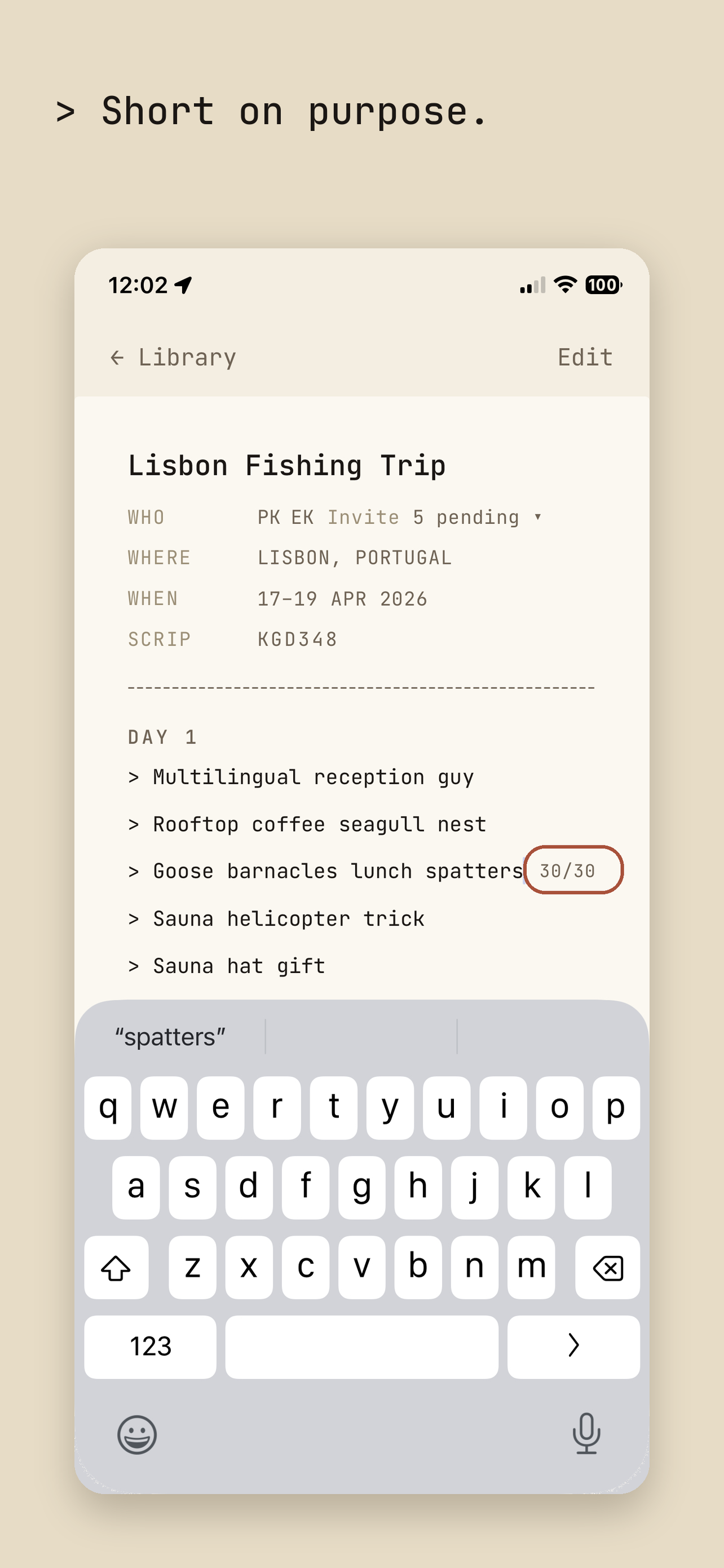Typing a new memory in Scrip with the 30-character counter showing 30 of 30 used.