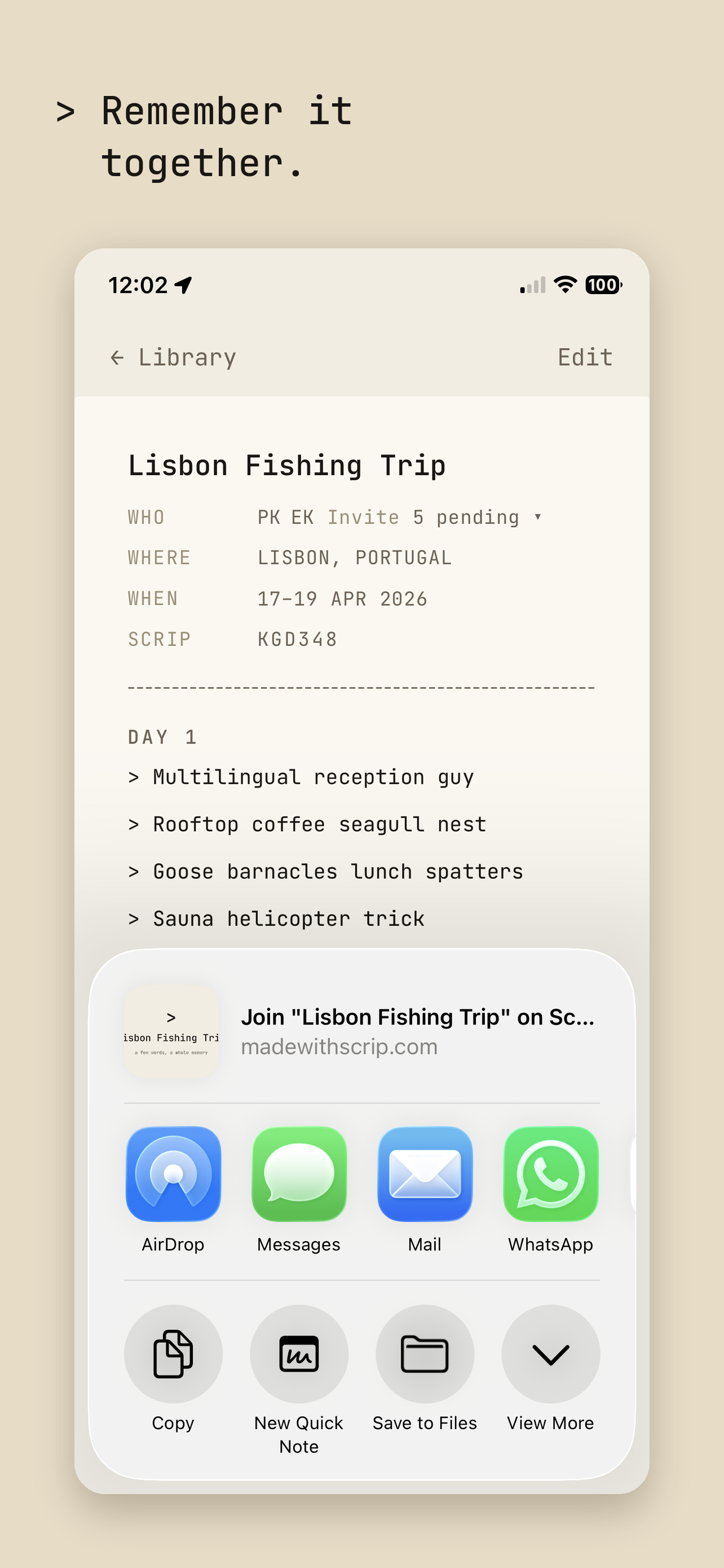 Sharing a Scrip through the iOS share sheet to Messages, Mail and WhatsApp.