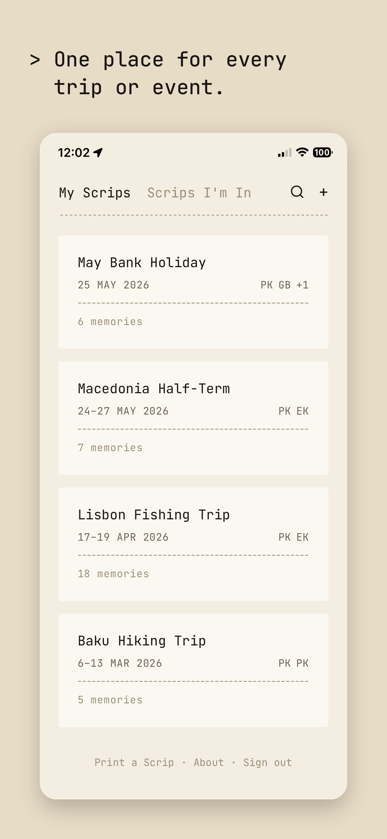The Scrip library listing trips and events, each card showing a memory count.