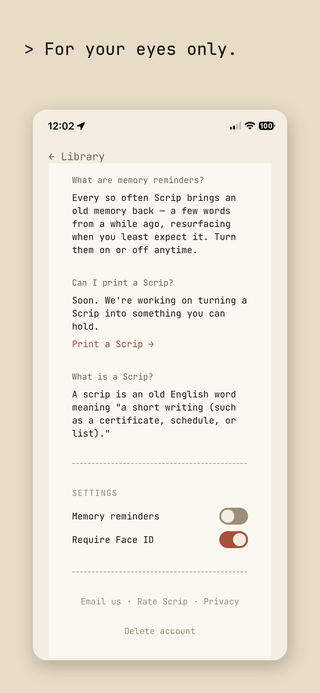 Scrip's settings screen showing memory reminders and a Require Face ID toggle.